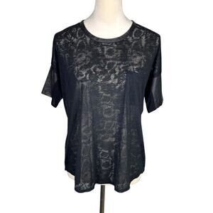 Rebecca Taylor | Snake Print Burnout Black Leather Trim Short Sleeve Sheer Top